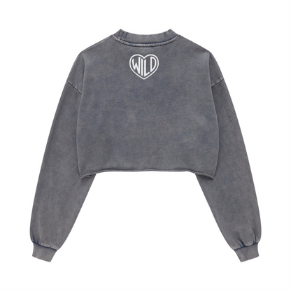 380GSM Women's Heavyweight Pigment-Wash Raw-Hem Cropped Long-Sleeve T-Shirt Royal blue
