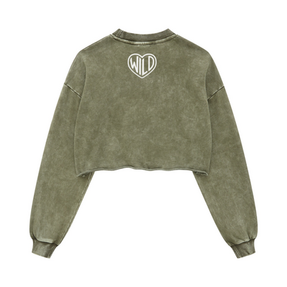 380GSM Women's Heavyweight Pigment-Wash Raw-Hem Cropped Long-Sleeve T-Shirt Olive green