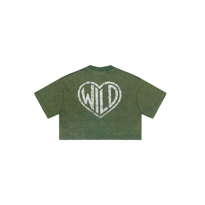 230GSM Women’s Cool-Touch Cropped High-Street Color Retro Snow-Wash T-shirt Dark Green
