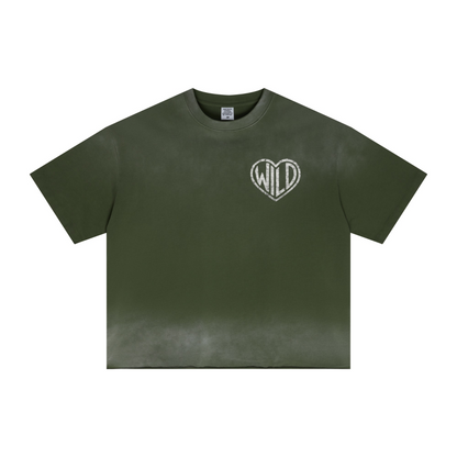 280GSM Men's Double Yarn Vintage Spray Washed Boxy T-Shirt Vintage Army Green