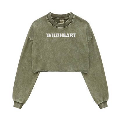 380GSM Women's Heavyweight Pigment-Wash Raw-Hem Cropped Long-Sleeve T-Shirt Olive green
