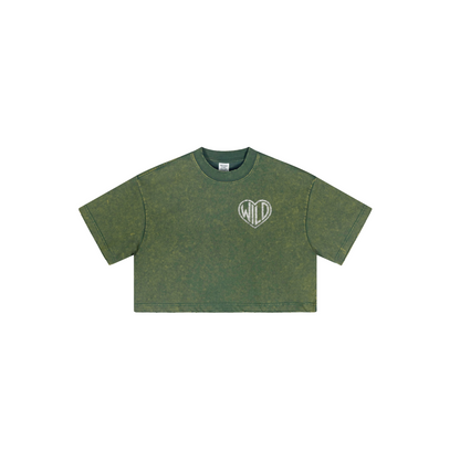 230GSM Women’s Cool-Touch Cropped High-Street Color Retro Snow-Wash T-shirt Dark Green